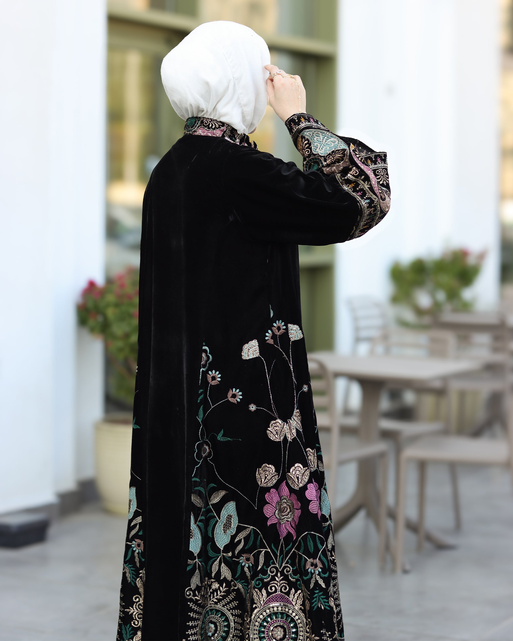 Embroidered Velvet Daraa – Black with Turquoise Details