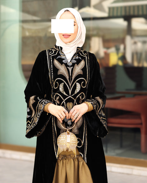 Ornate Embroidered Velvet Daraa – Black & Gold