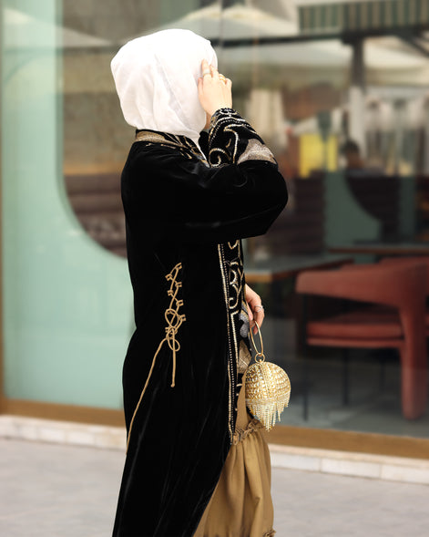 Ornate Embroidered Velvet Daraa – Black & Gold