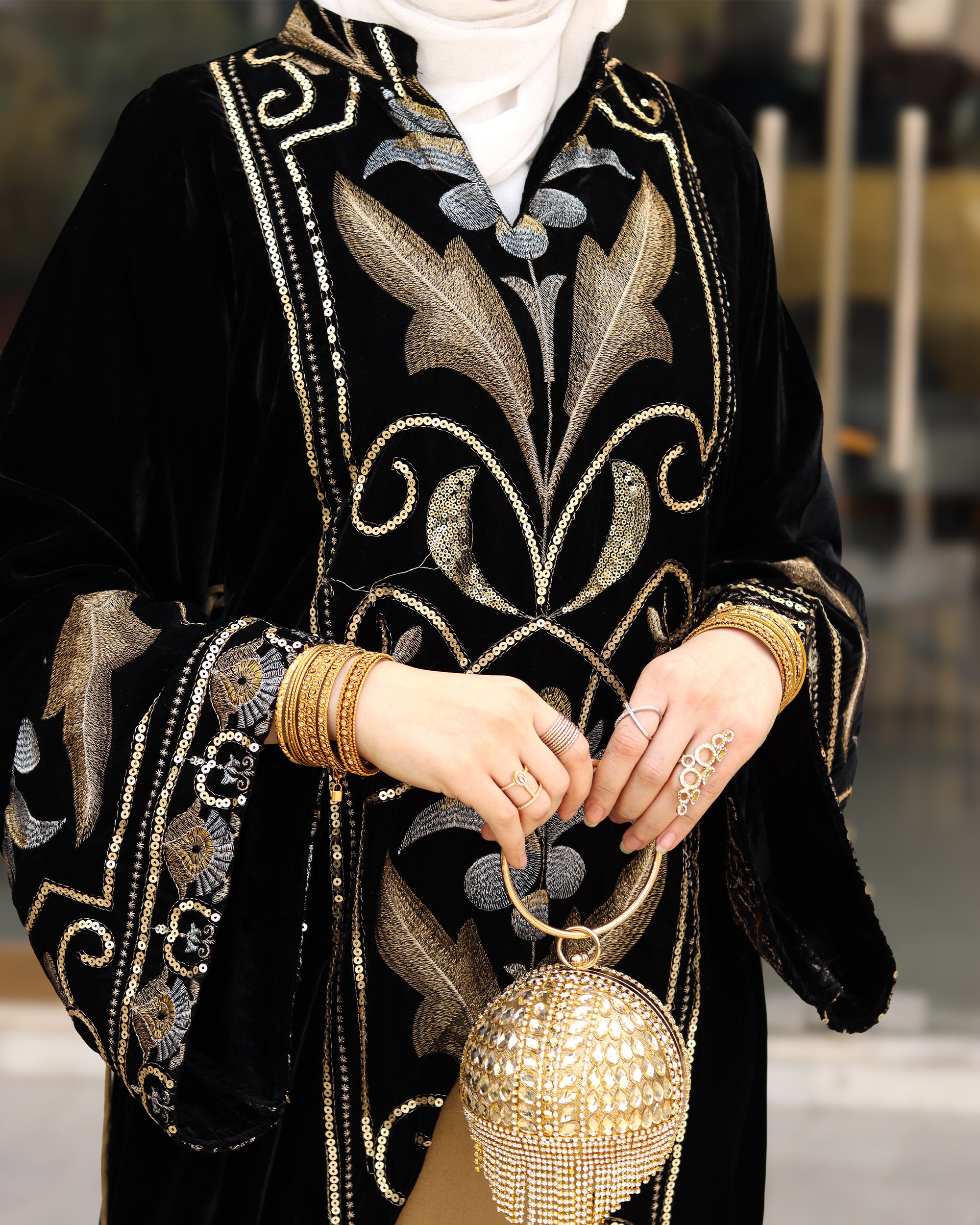 Ornate Embroidered Velvet Daraa – Black & Gold