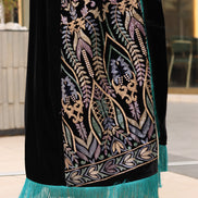 درّاعة مخمل مطرزة قطعتين – أسود بحواف تركواز