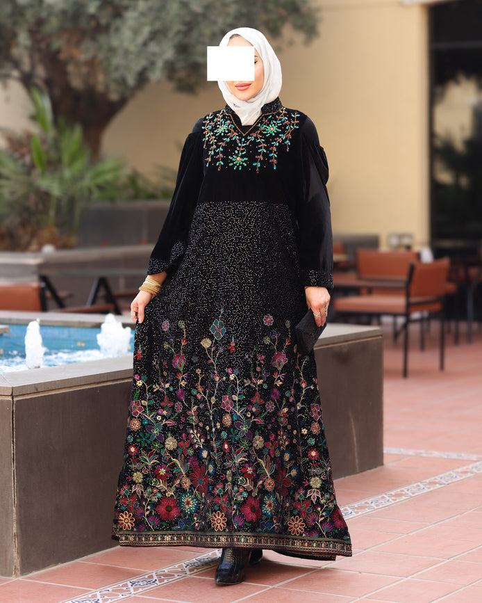 Floral Embroidered Velvet Daraa – Black Multicolor