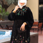 Floral Embroidered Velvet Daraa – Black Multicolor