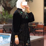 Floral Embroidered Velvet Daraa – Black Multicolor