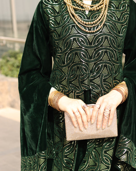 Embroidered Velvet Daraa – Emerald Green