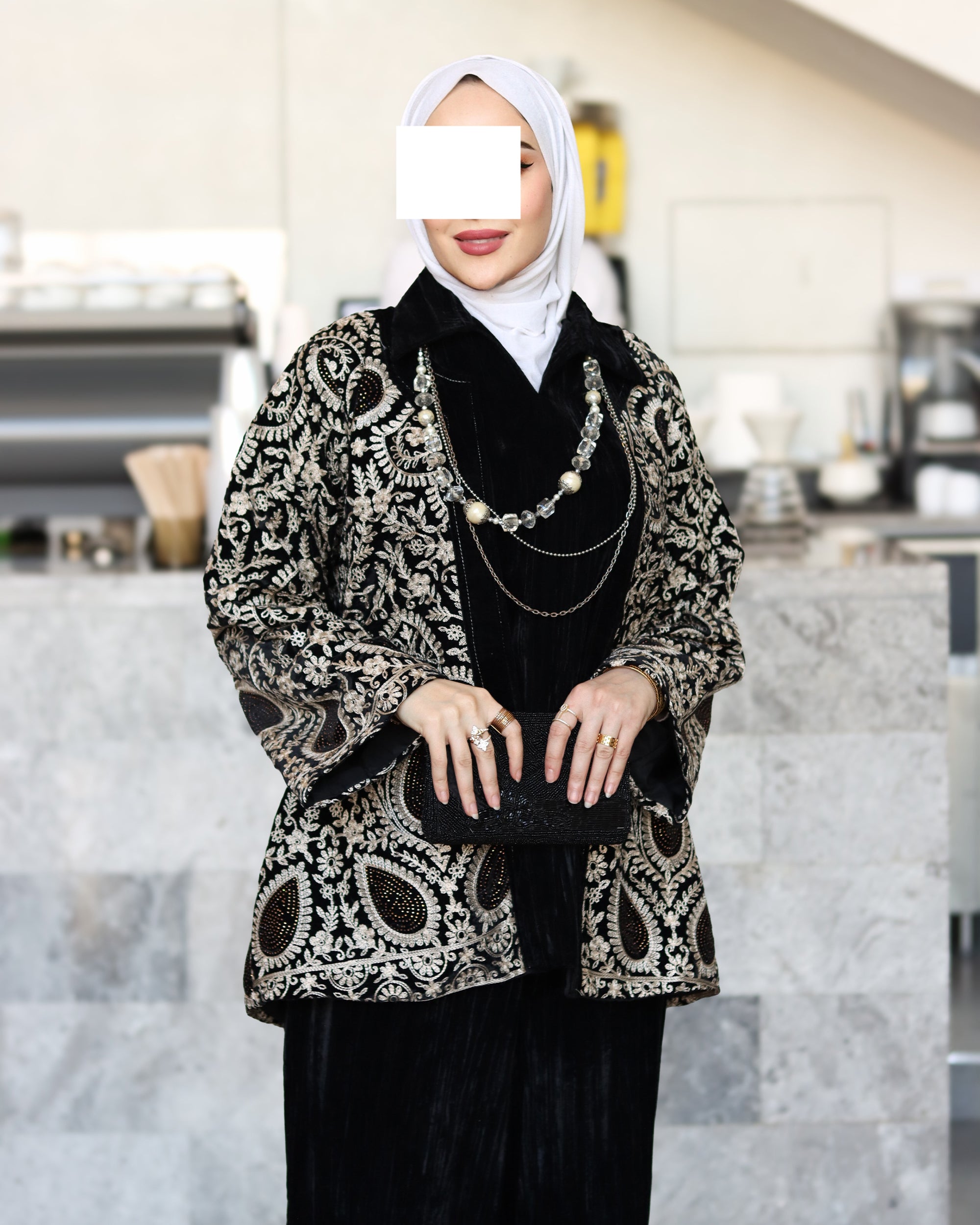 Embroidered Velvet Jacket & Pants Set – Black