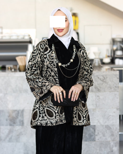 Embroidered Velvet Jacket & Pants Set – Black