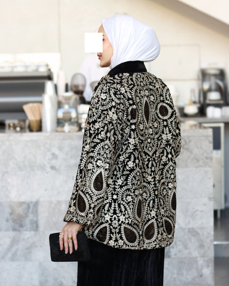 Embroidered Velvet Jacket & Pants Set – Black