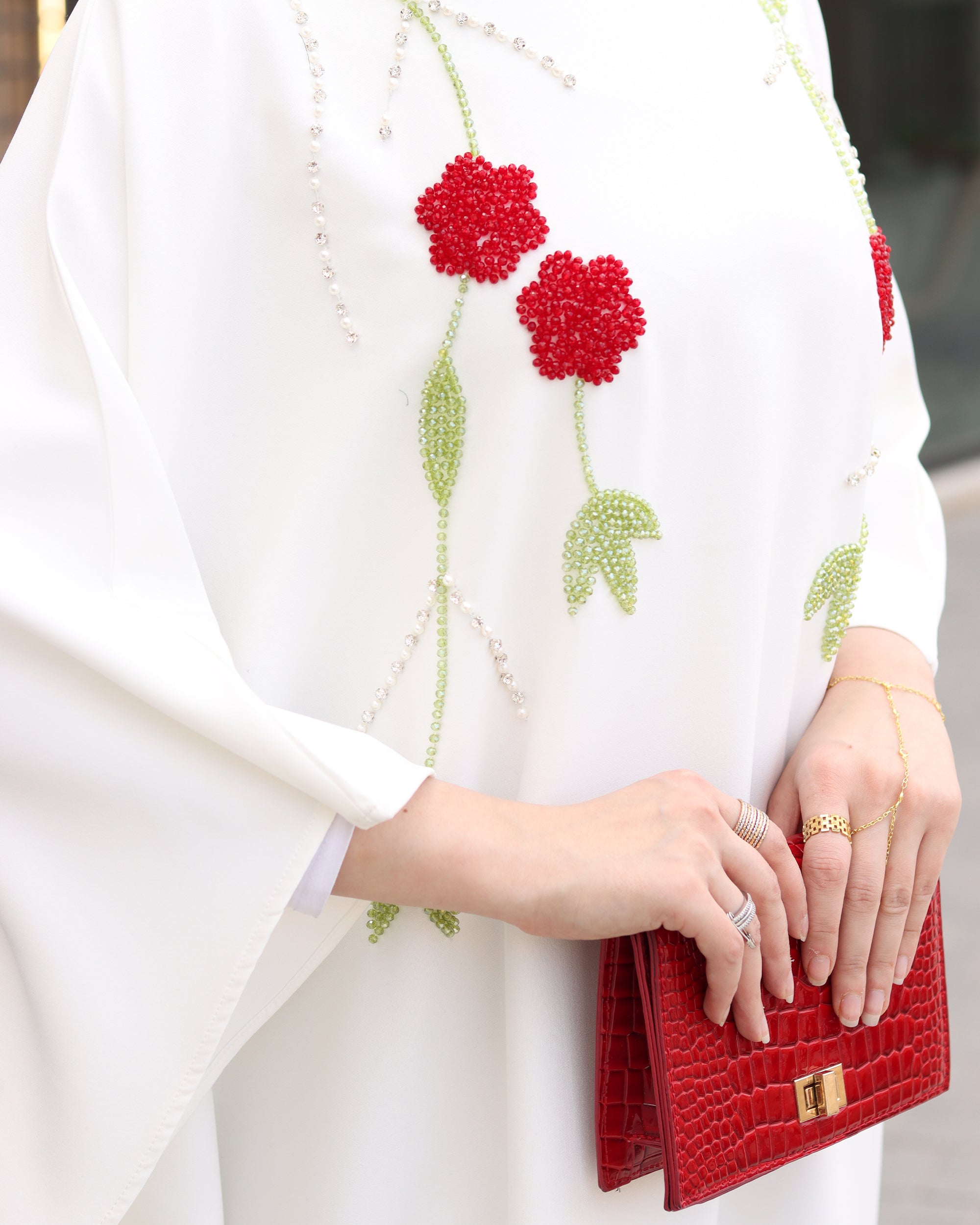 Floral Embroidered Crepe Dress – Ivory