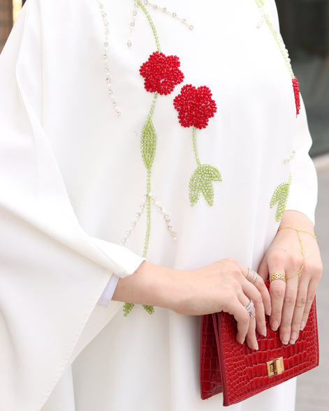 Floral Embroidered Crepe Dress – Ivory