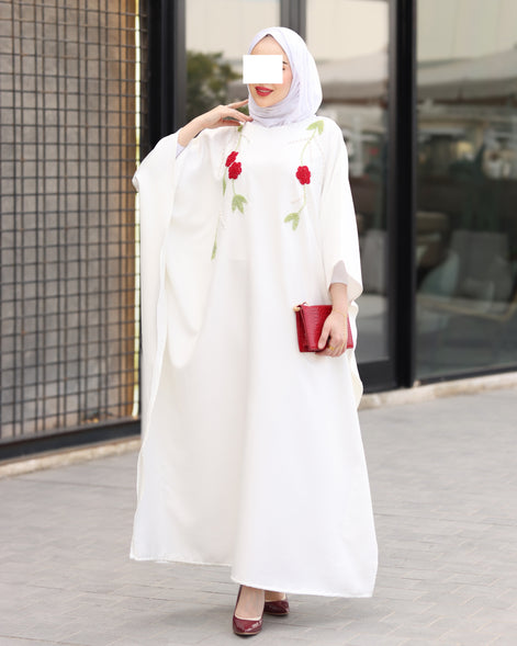 Floral Embroidered Crepe Dress – Ivory