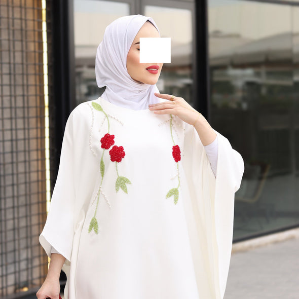 Floral Embroidered Crepe Dress – Ivory