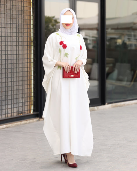 Floral Embroidered Crepe Dress – Ivory