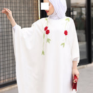 Floral Embroidered Crepe Dress – Ivory