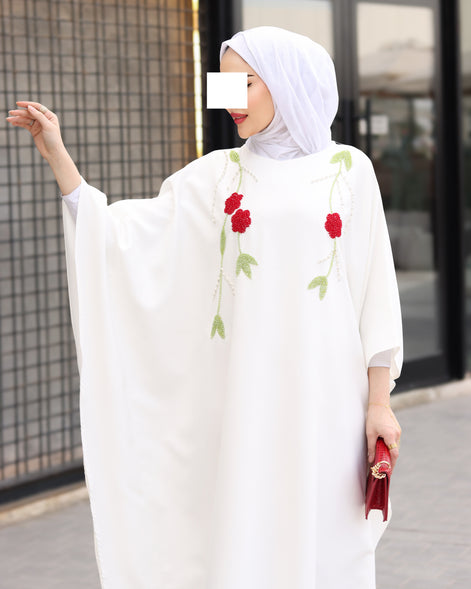 Floral Embroidered Crepe Dress – Ivory