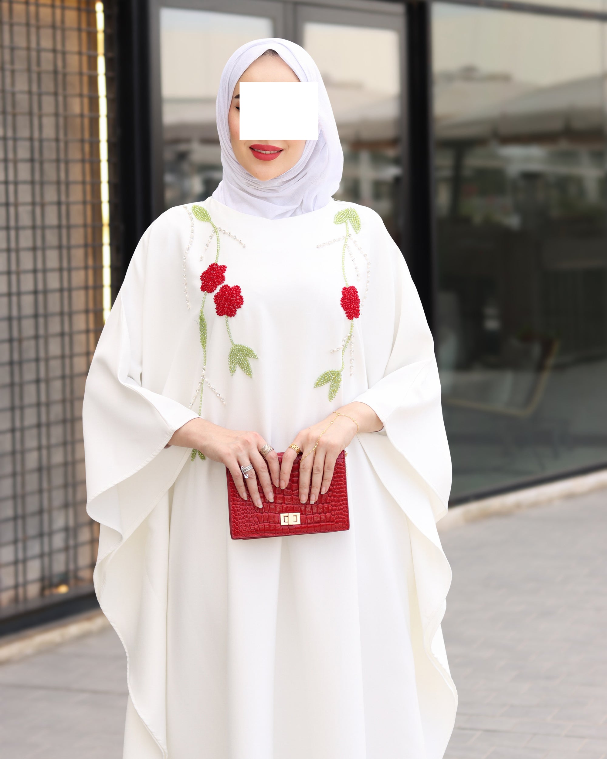 Floral Embroidered Crepe Dress – Ivory