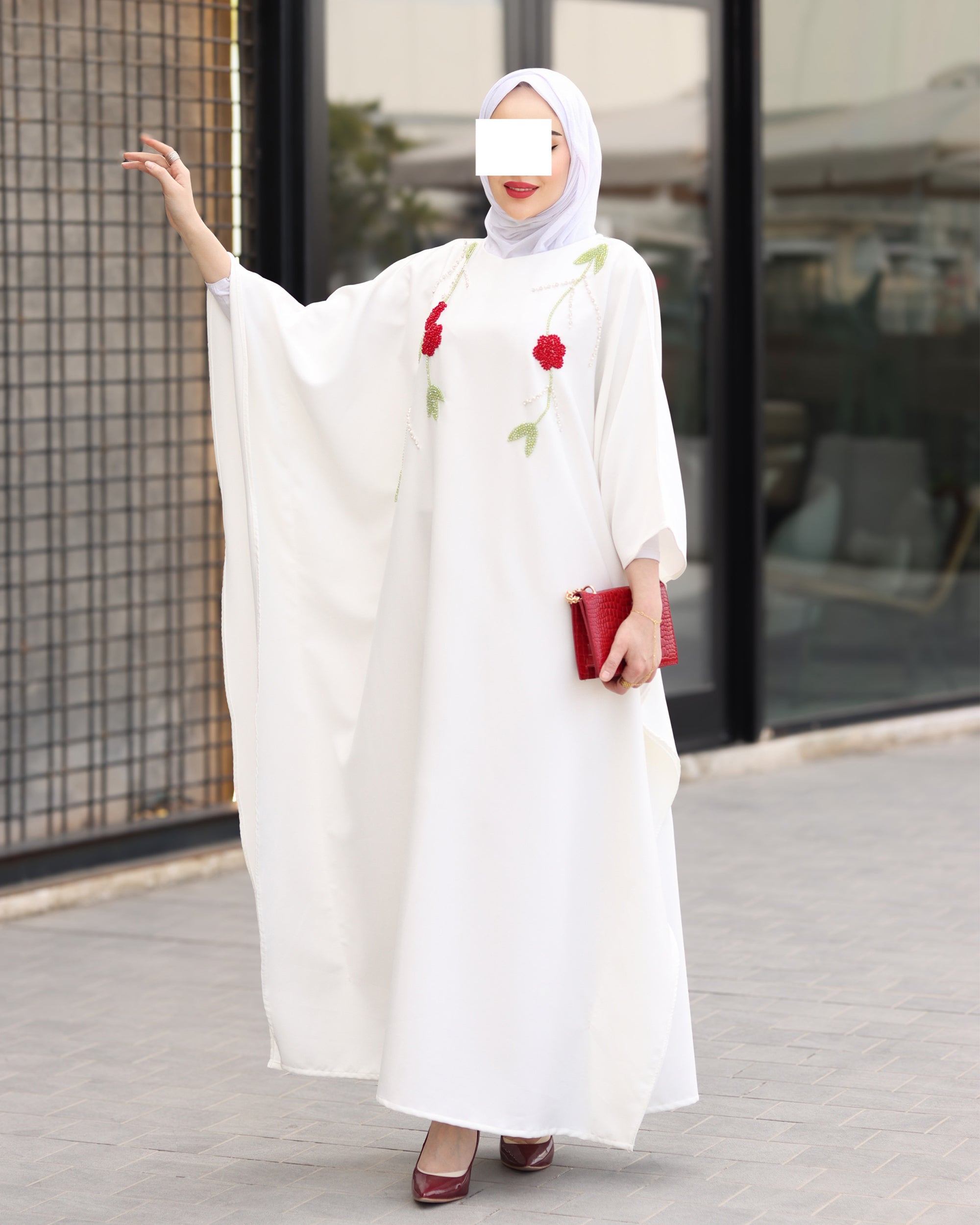 Floral Embroidered Crepe Dress – Ivory