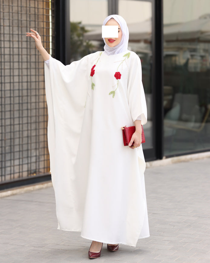 Floral Embroidered Crepe Dress – Ivory