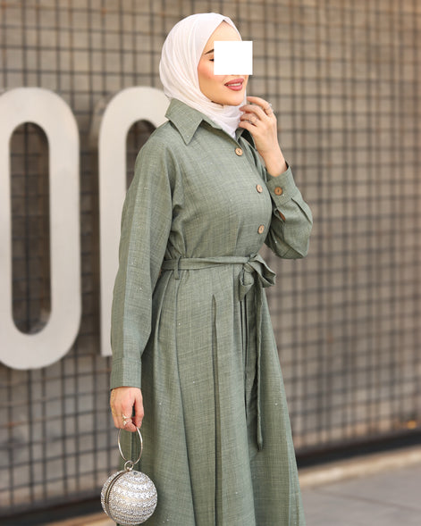 Sage Belted Linen Daraa - Sage Green