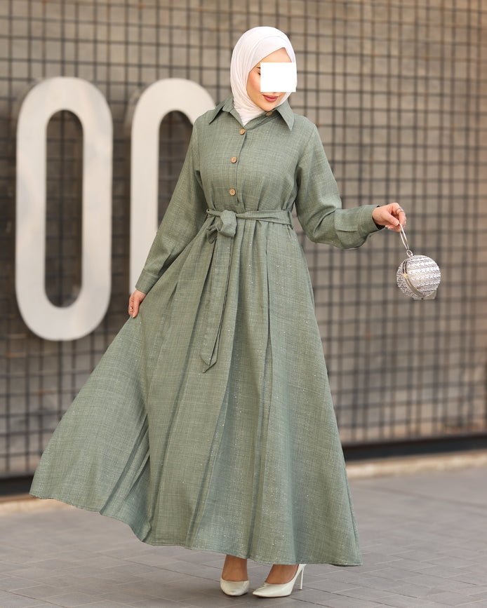 Sage Belted Linen Daraa - Sage Green