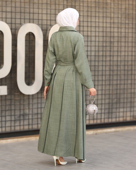 Sage Belted Linen Daraa - Sage Green