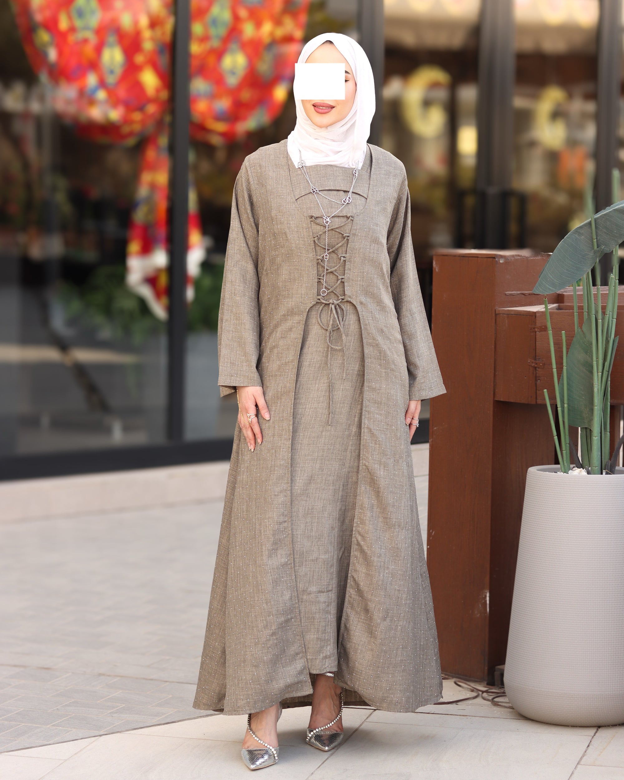 Laced Linen Bisht Set - Taupe