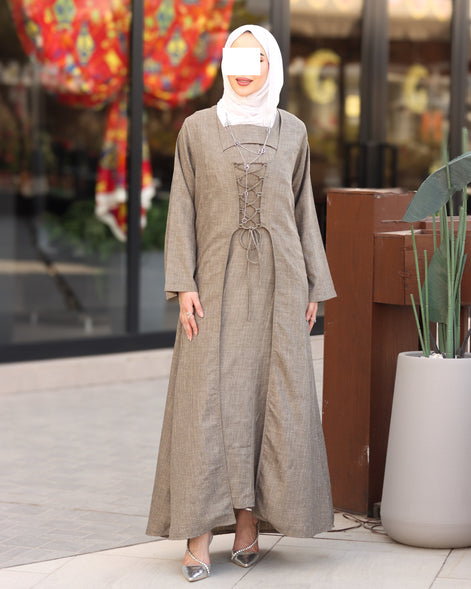 Laced Linen Bisht Set - Taupe
