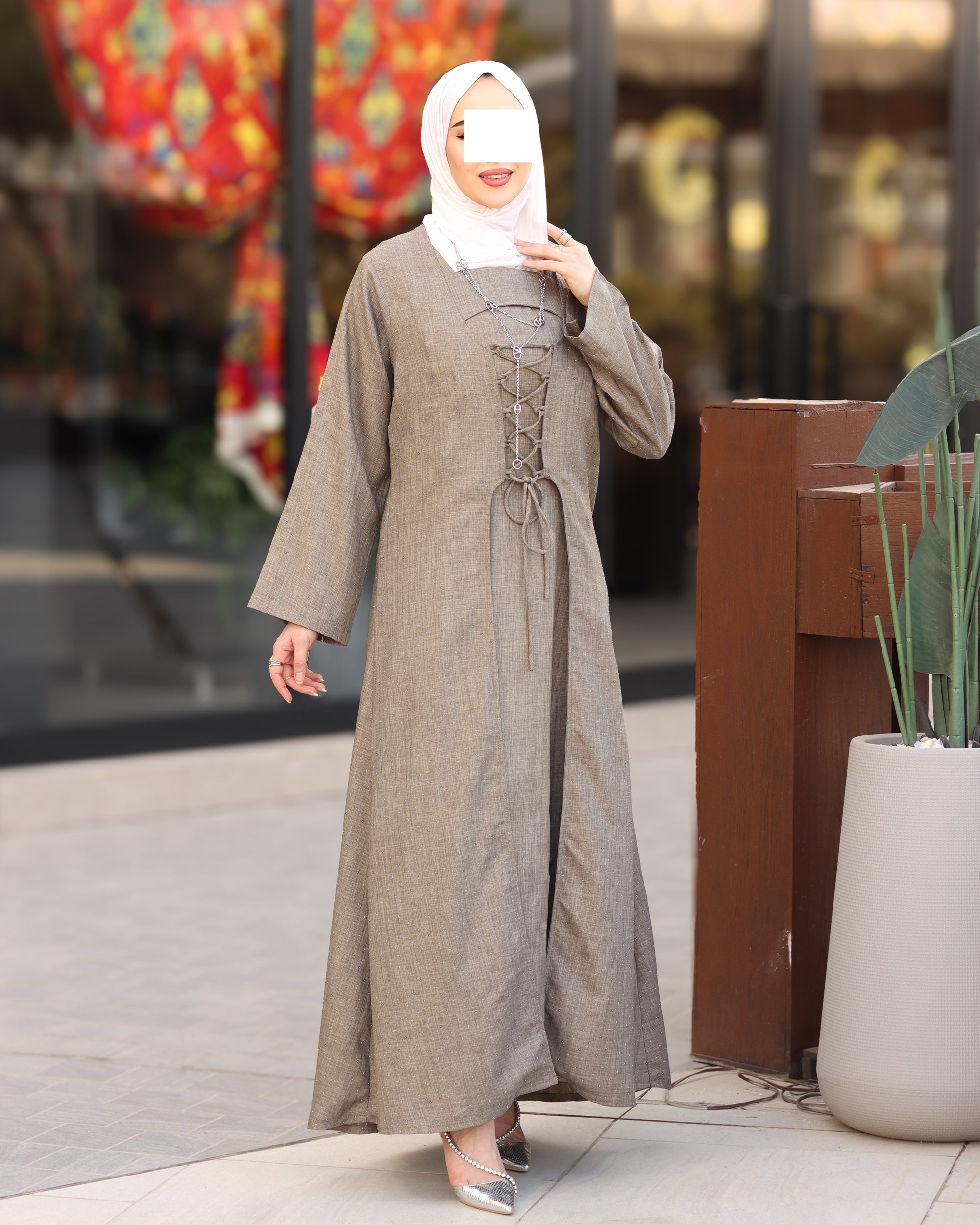 Laced Linen Bisht Set - Taupe