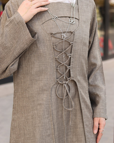 Laced Linen Bisht Set - Taupe