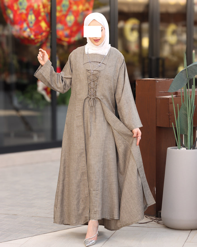 Laced Linen Bisht Set - Taupe