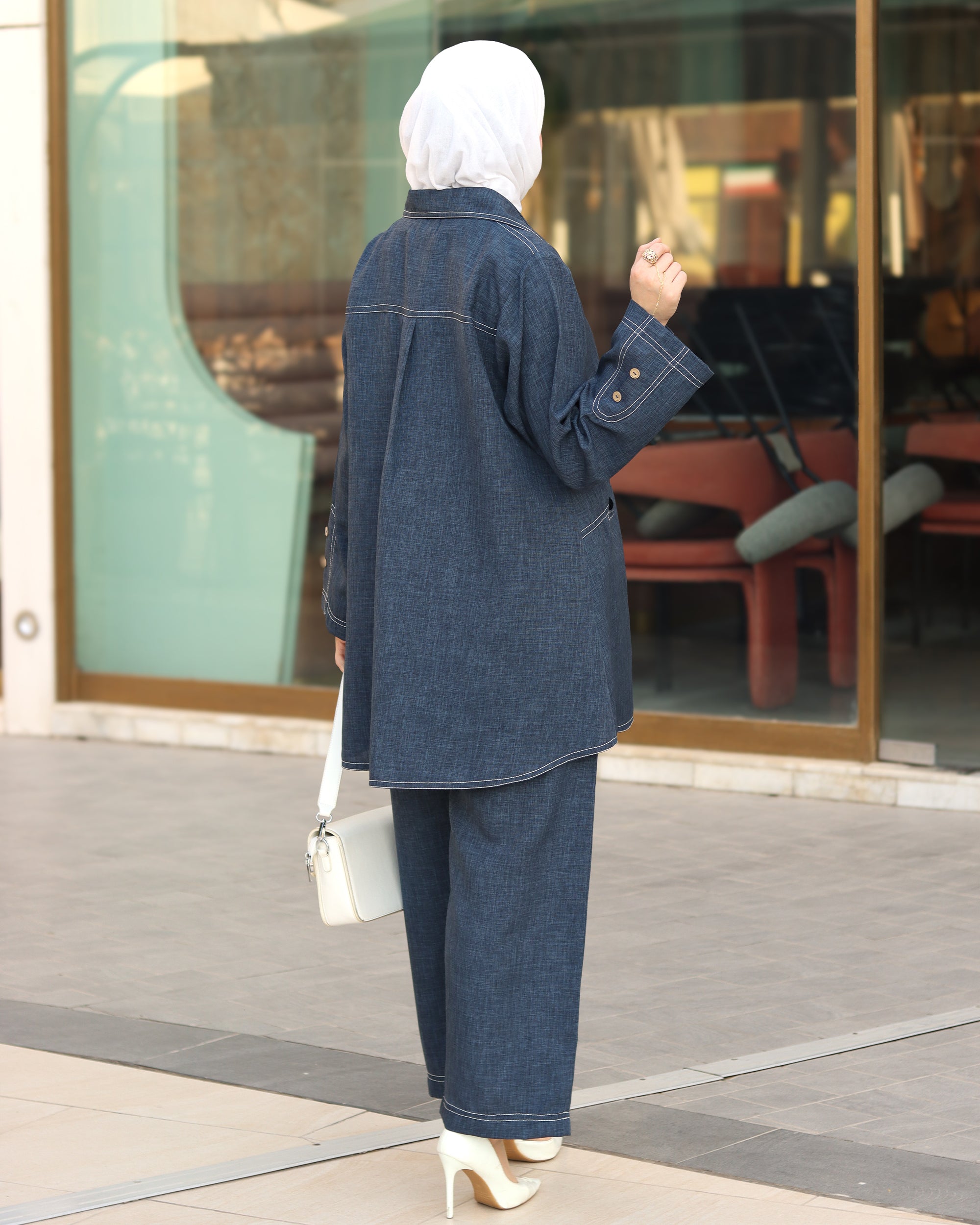 طقم قميص و بنطلون من الكتان – أزرق دنيم