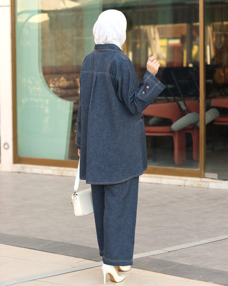 طقم قميص و بنطلون من الكتان – أزرق دنيم