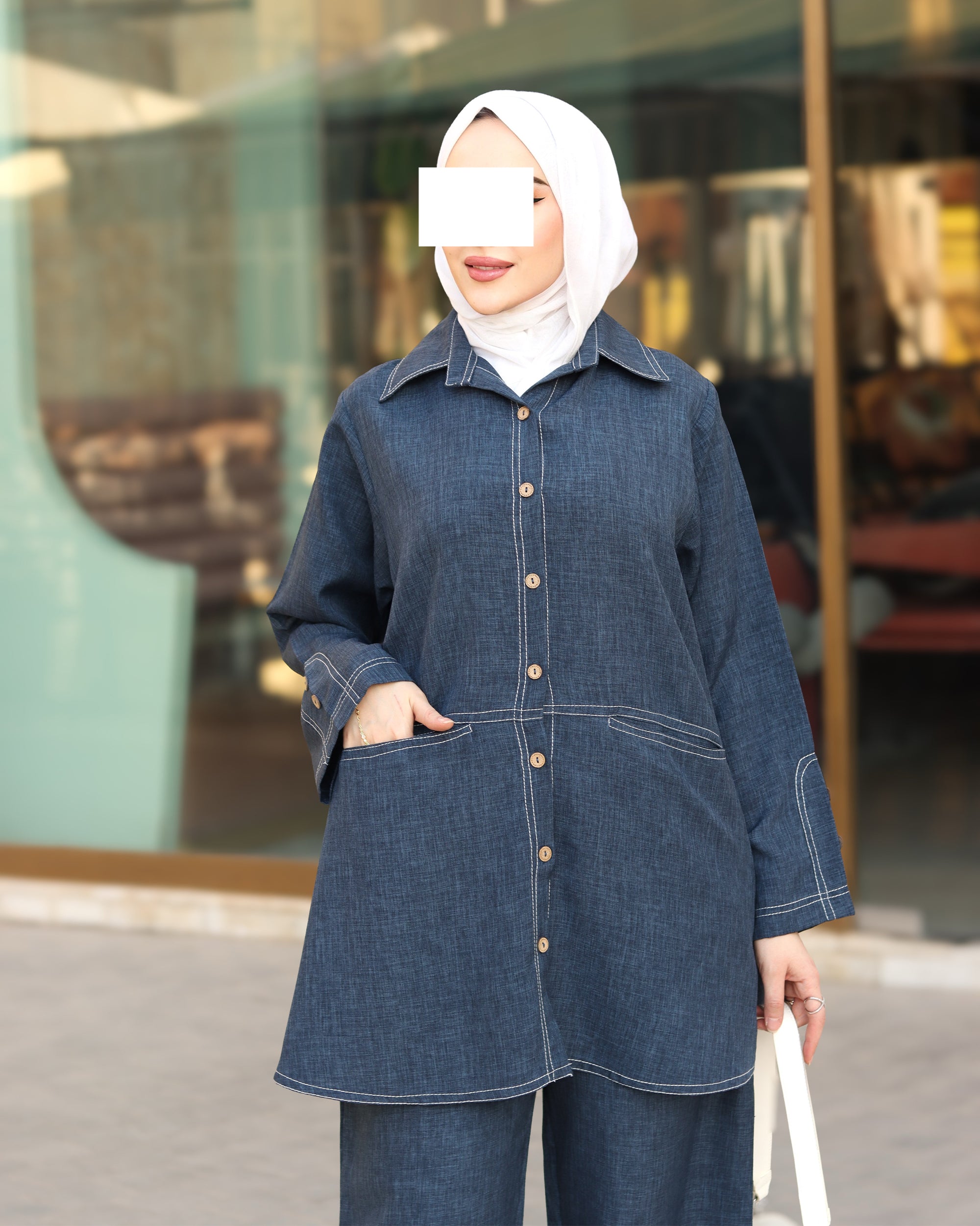 طقم قميص و بنطلون من الكتان – أزرق دنيم