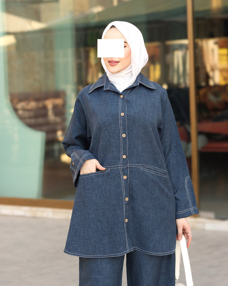 طقم قميص و بنطلون من الكتان – أزرق دنيم