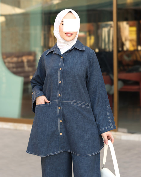 طقم قميص و بنطلون من الكتان – أزرق دنيم