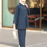 طقم قميص و بنطلون من الكتان – أزرق دنيم