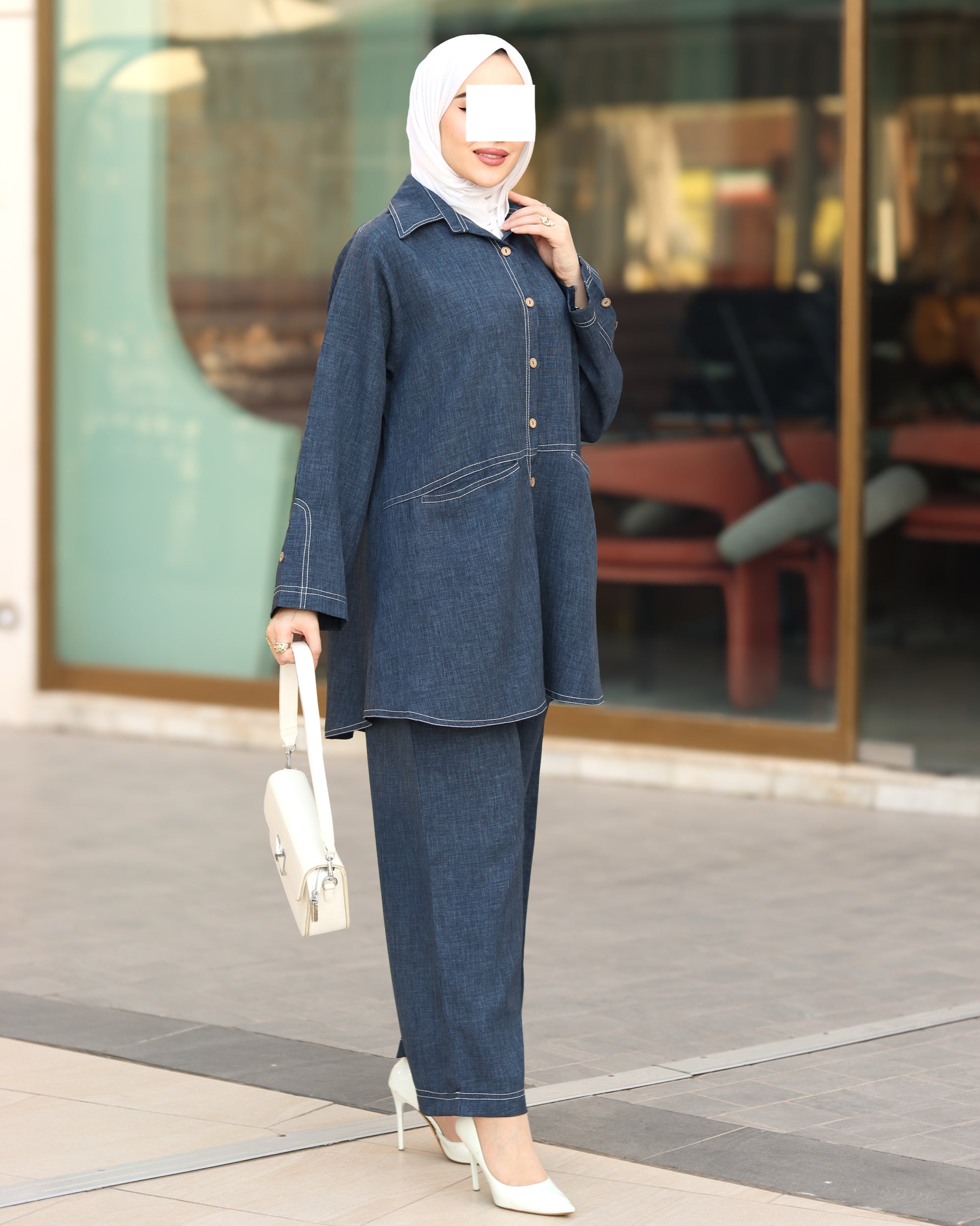 طقم قميص و بنطلون من الكتان – أزرق دنيم