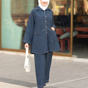 طقم قميص و بنطلون من الكتان – أزرق دنيم