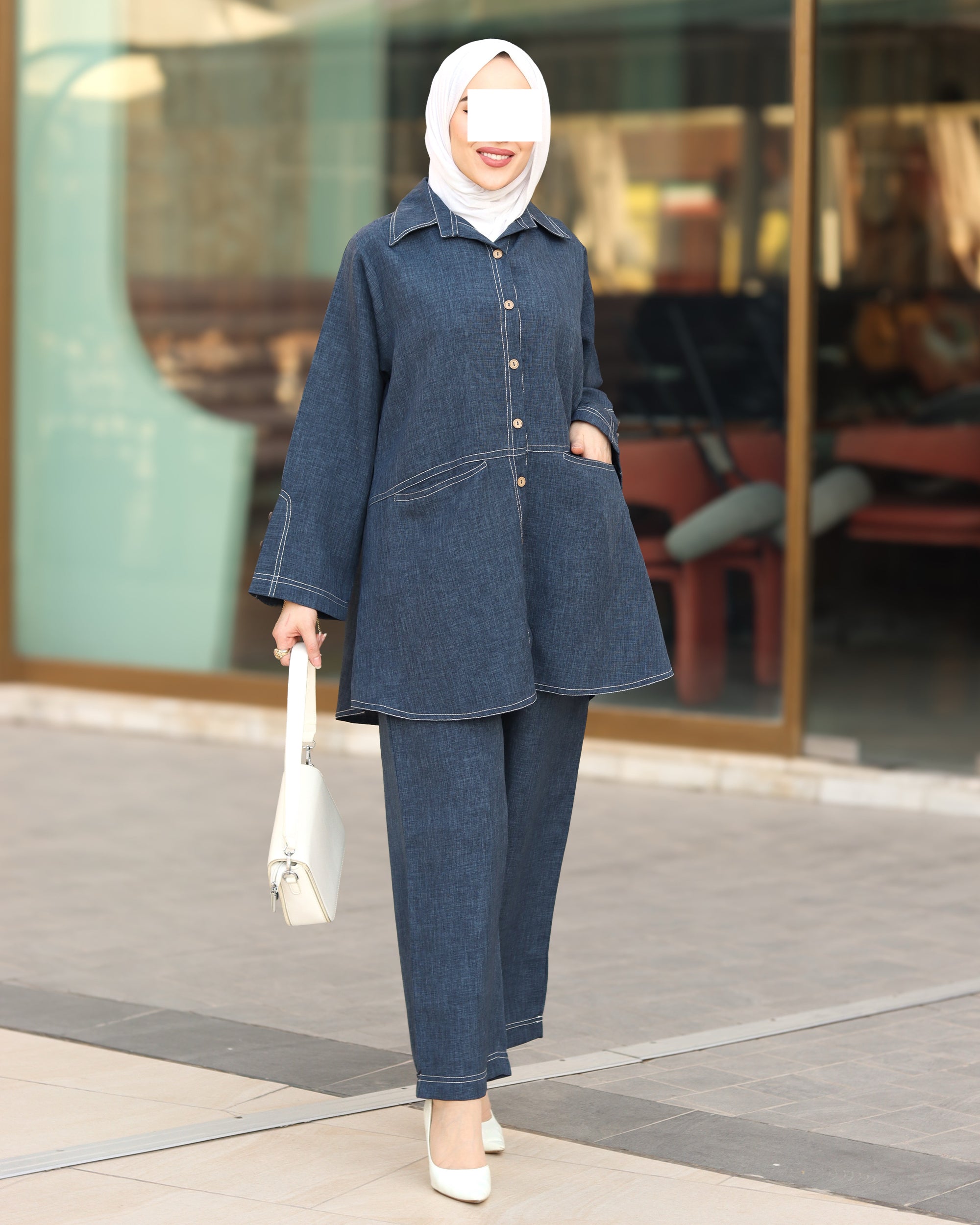 طقم قميص و بنطلون من الكتان – أزرق دنيم