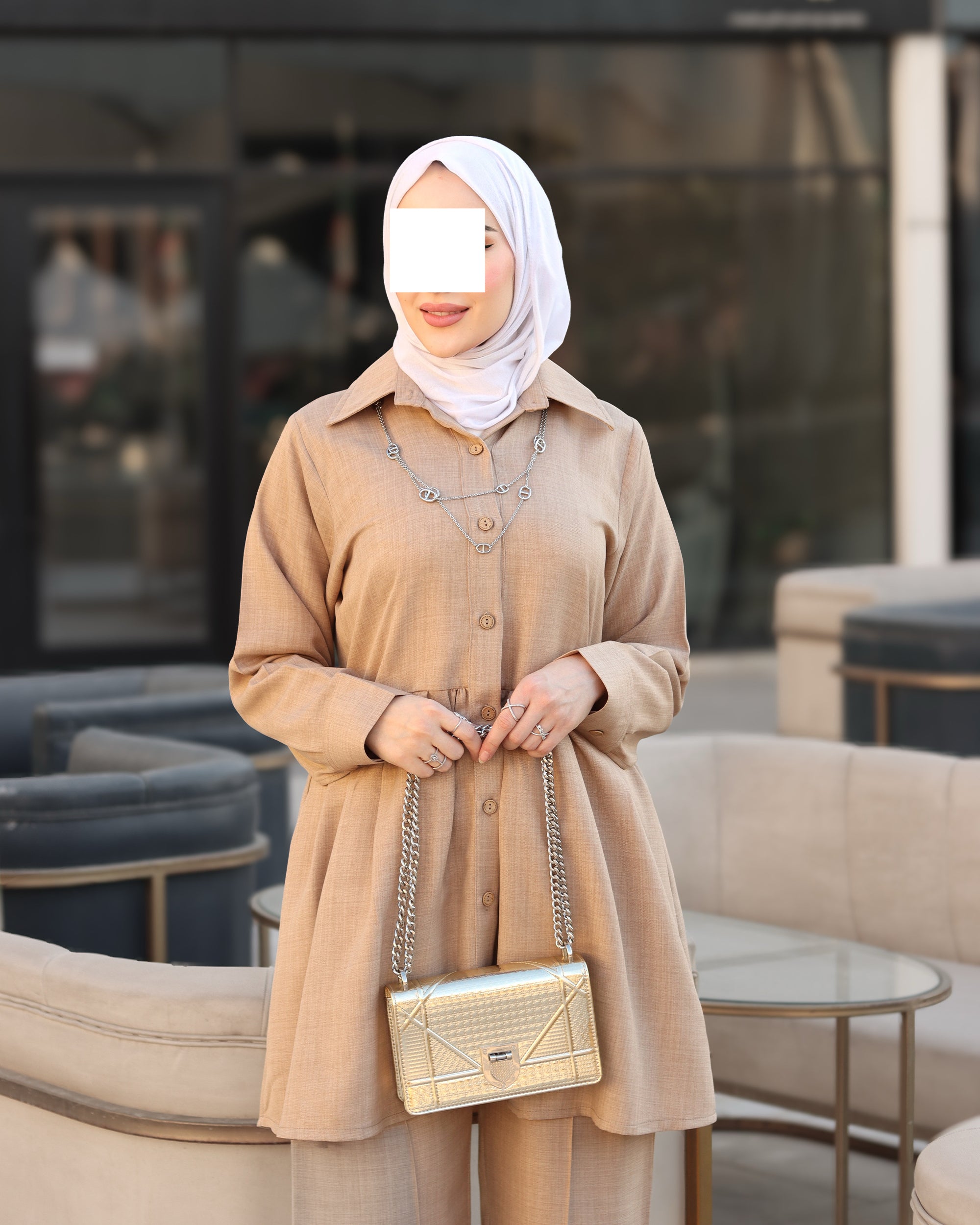 طقم قميص و بنطلون من الكتان - بيج