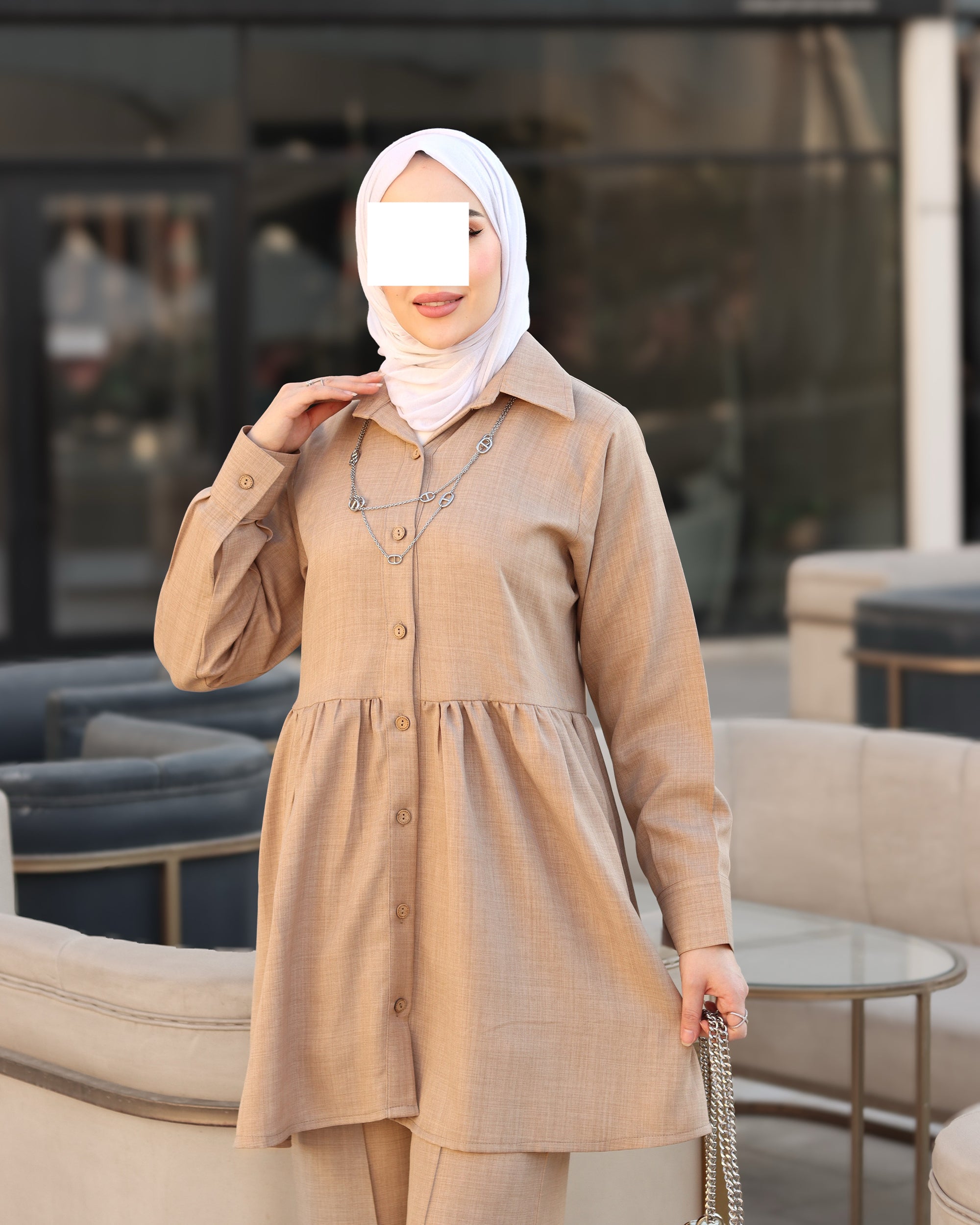 طقم قميص و بنطلون من الكتان - بيج