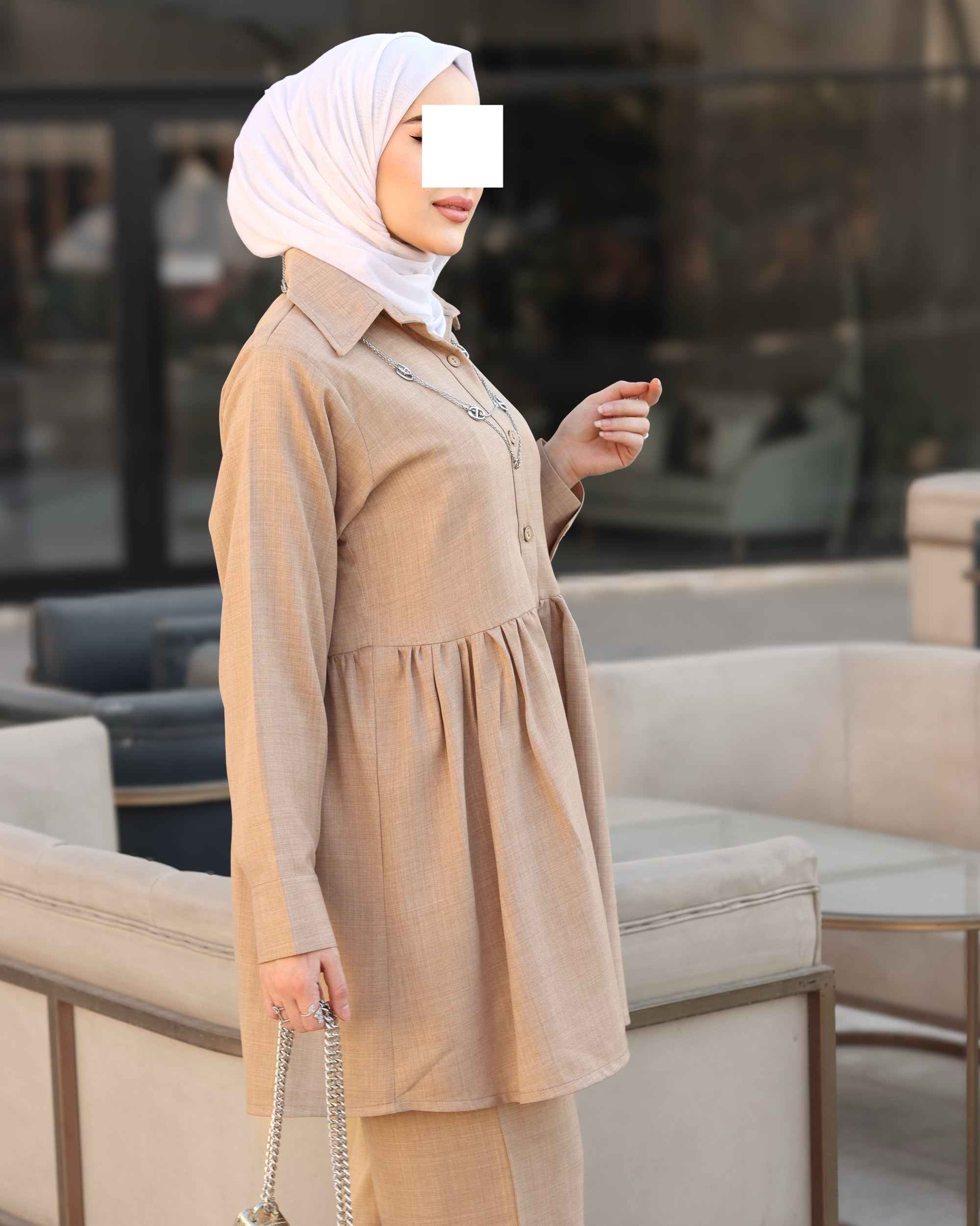 طقم قميص و بنطلون من الكتان - بيج