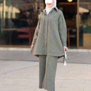 طقم قميص و بنطلون من الكتان المريح - زيتوني