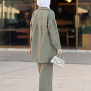 طقم قميص و بنطلون من الكتان المريح - زيتوني