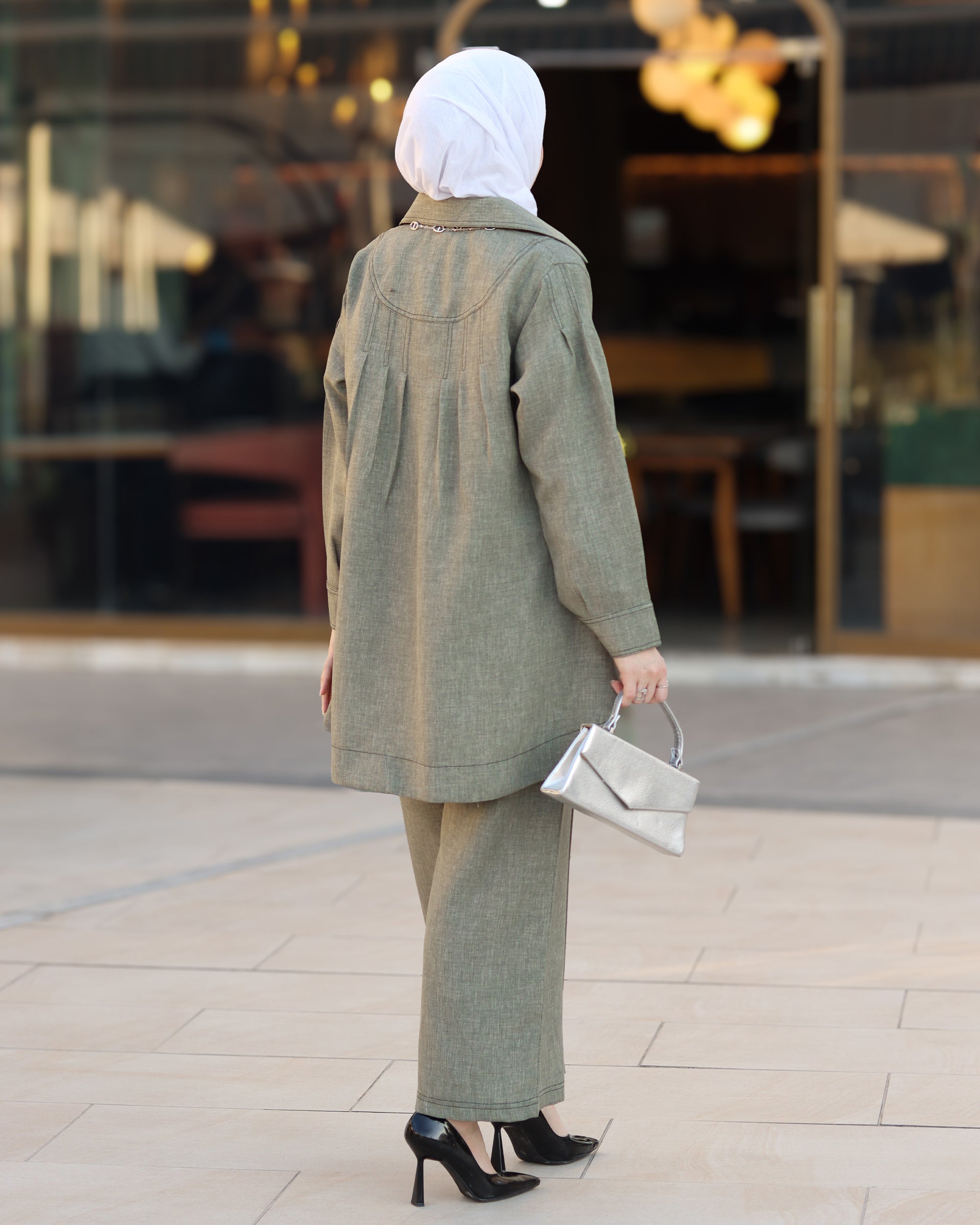 طقم قميص و بنطلون من الكتان المريح - زيتوني