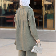 طقم قميص و بنطلون من الكتان المريح - زيتوني