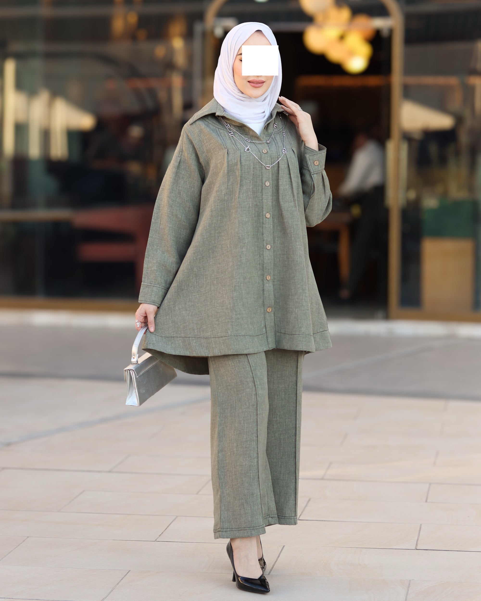 طقم قميص و بنطلون من الكتان المريح - زيتوني