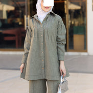 طقم قميص و بنطلون من الكتان المريح - زيتوني