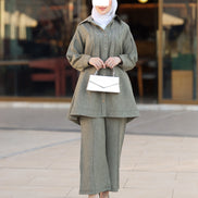 طقم قميص و بنطلون من الكتان المريح - زيتوني