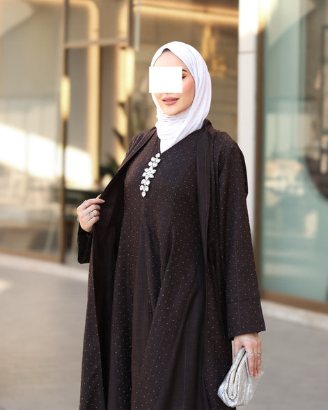 طقم دراعة من الكتان – بني داكن